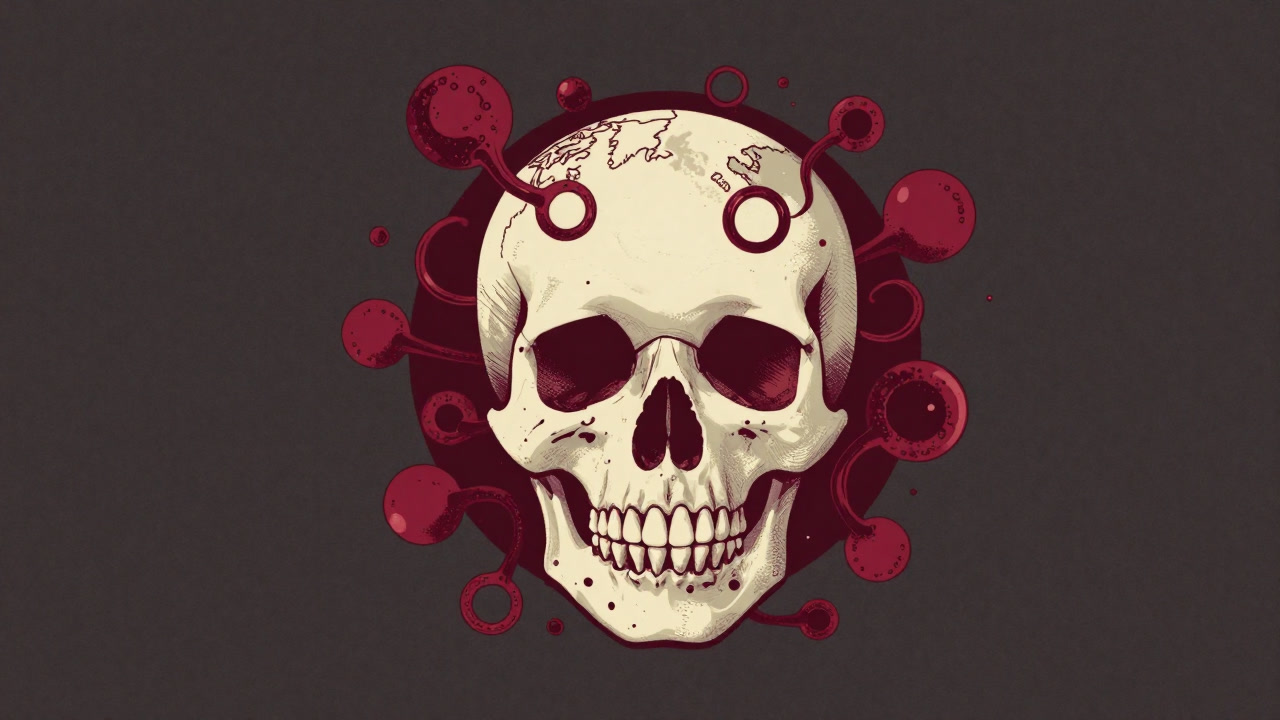 Pop illustration of a skull-shaped Earth entangled by carbon molecules
