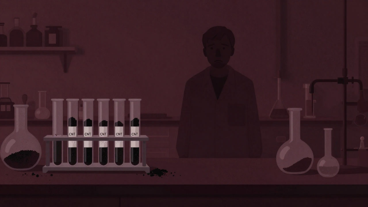 Silhouette of a researcher standing in front of test tubes filled with countless black powders.
