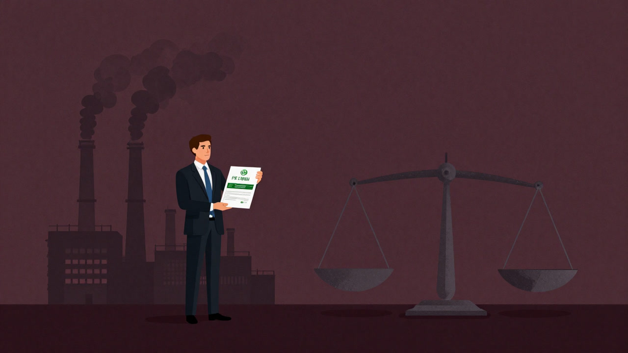 夕焼けの工場と森を背景に、紙上でバランスをとるカーボンニュートラルの文字のイラスト