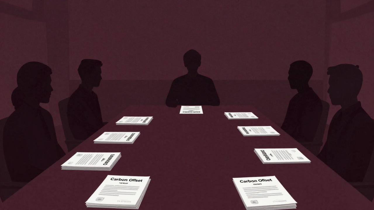 Image of a dimly lit conference room table piled high with carbon offset certificates