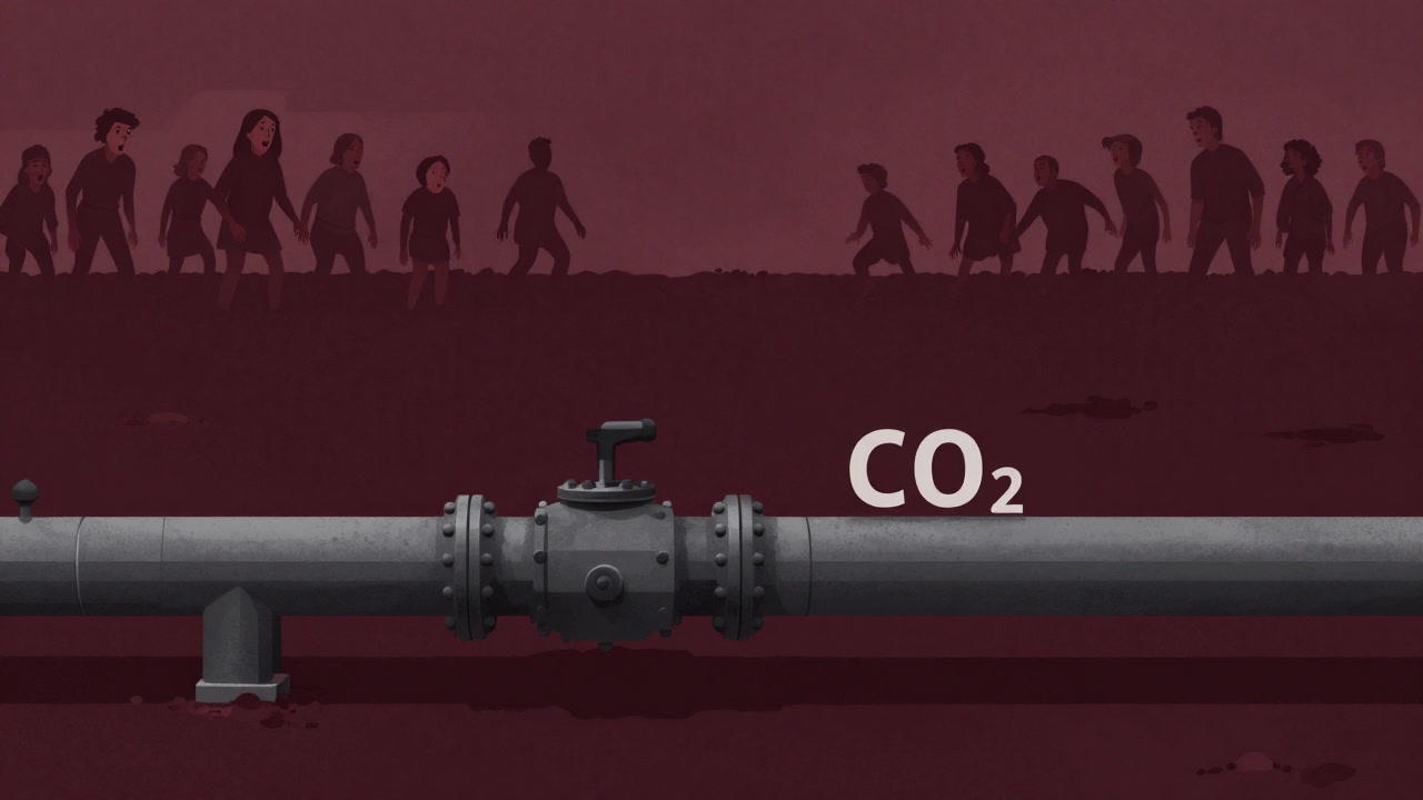 巨大なパイプから地下へと吹き出すCO₂を背景に、地表で驚く人々のシルエット