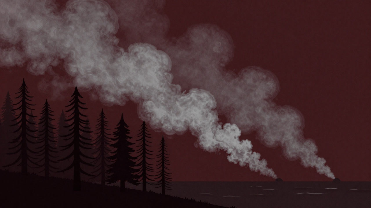 森林と海洋が背負い込んだ大量の煙を必死に吸い込むように見えるイラスト