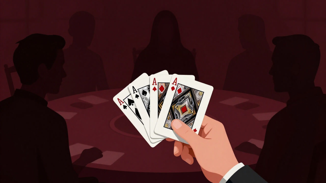 テーブルに並べられたカードを前に、プレイヤーが真剣な表情で次の手を考えるイラスト