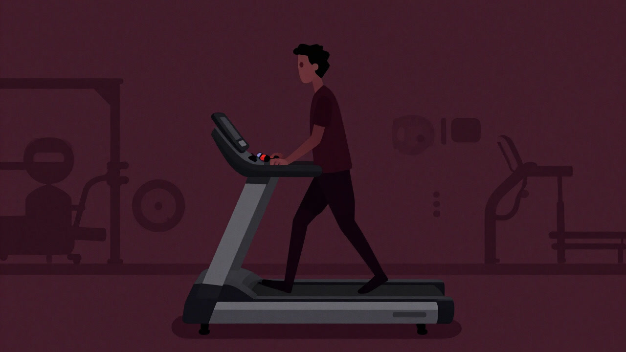 ランニングマシンの上で疲れ切り、視線を虚空に投げる人のシルエット