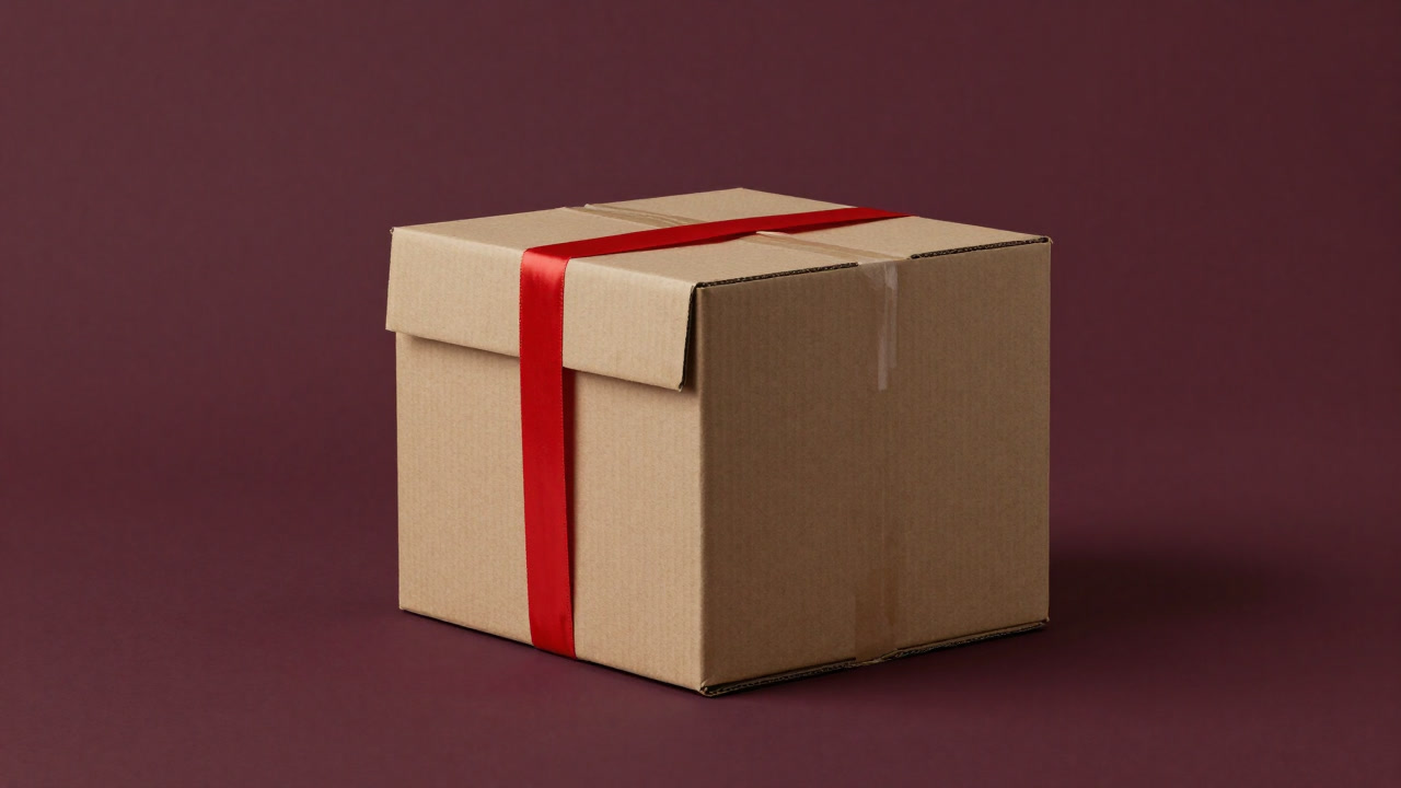 見慣れた段ボール箱が赤いリボンで飾られ、中身は空っぽのようにも見える写真