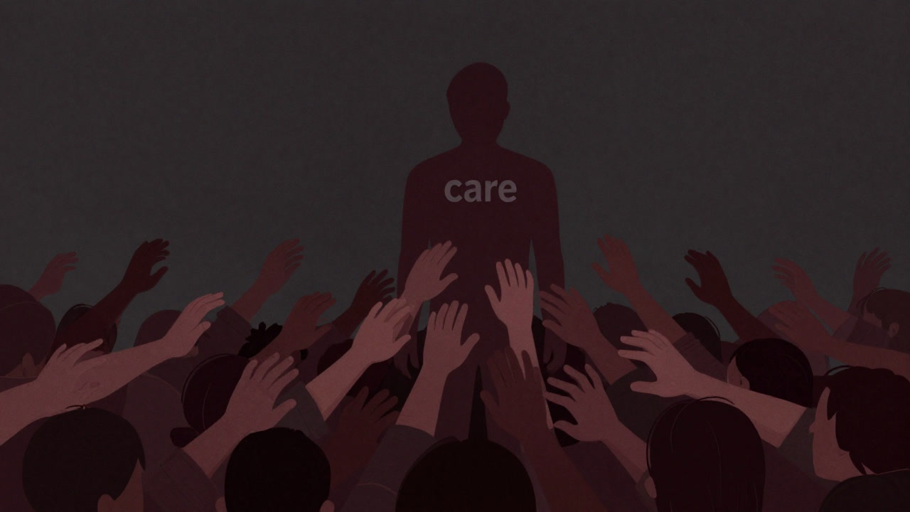 Illustration of a personified 'care' standing disoriented with a crowd of exhausted individuals reaching out behind them