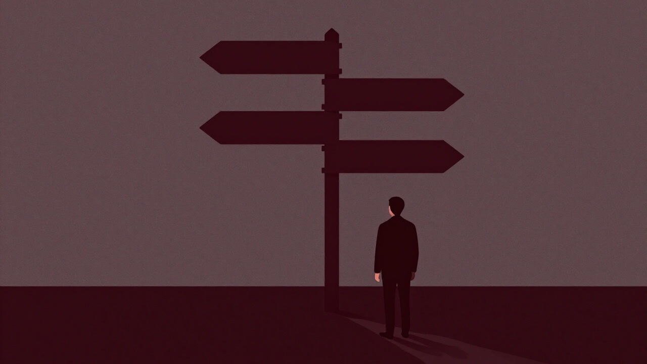 Abstract illustration of a person at a career crossroads facing multiple directional signposts