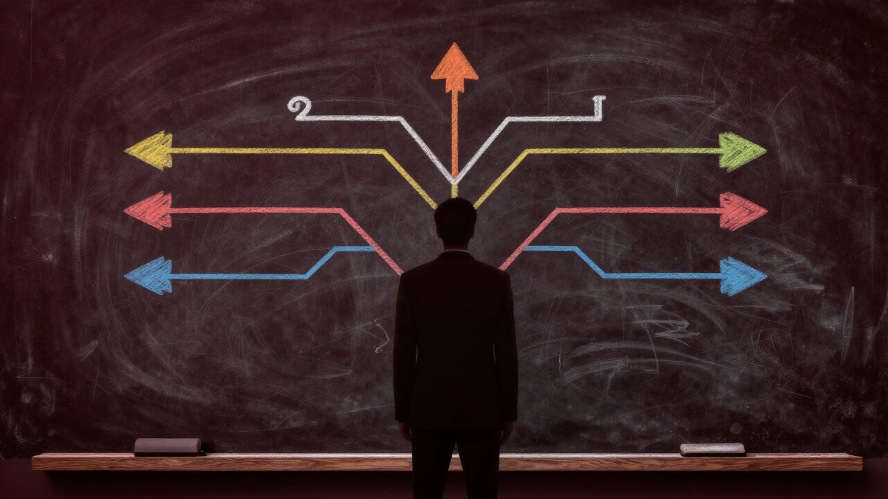 Silhouette of a business person standing stunned before a colorful diagram of intersecting career paths.