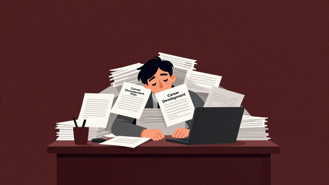 Illustration of an employee buried under career development plan documents, collapsed over the desk looking exhausted.
