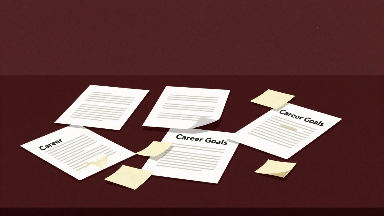 Image of a paper of career goals buried under a pile of documents, fading without ever being achieved.