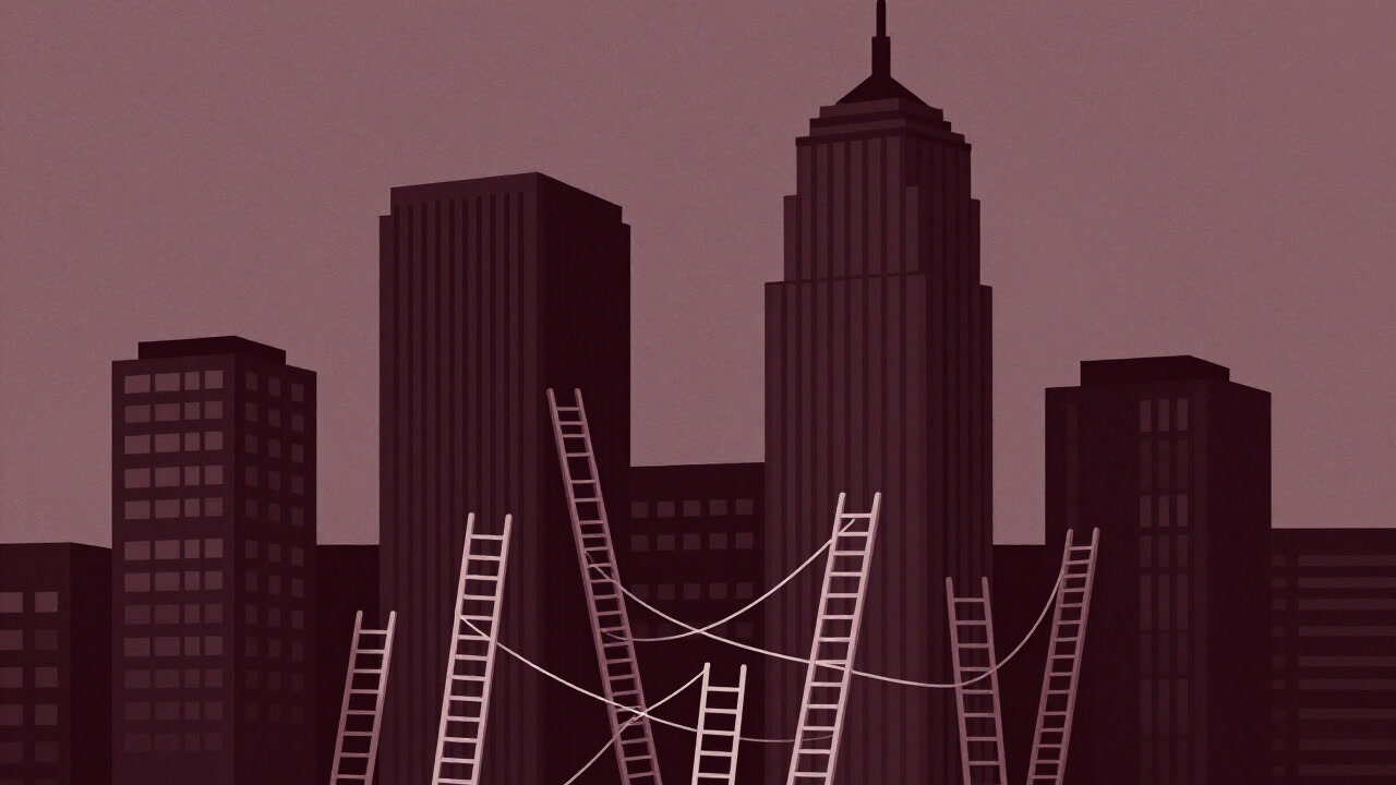 高いビルを背景に、無数の梯子が無秩序に絡み合うイラスト