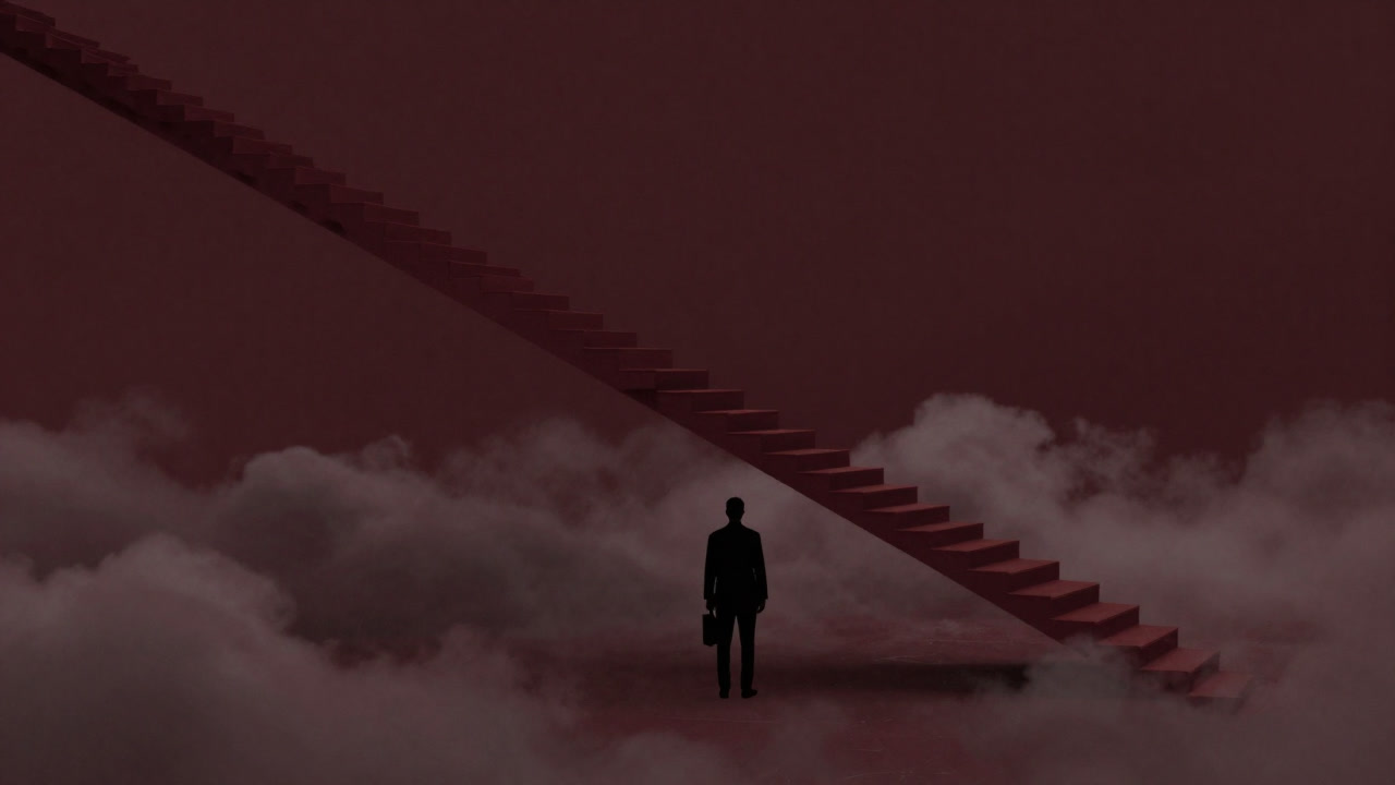 Silhouette of an employee pausing at a long staircase, looking up as if gazing at career steps