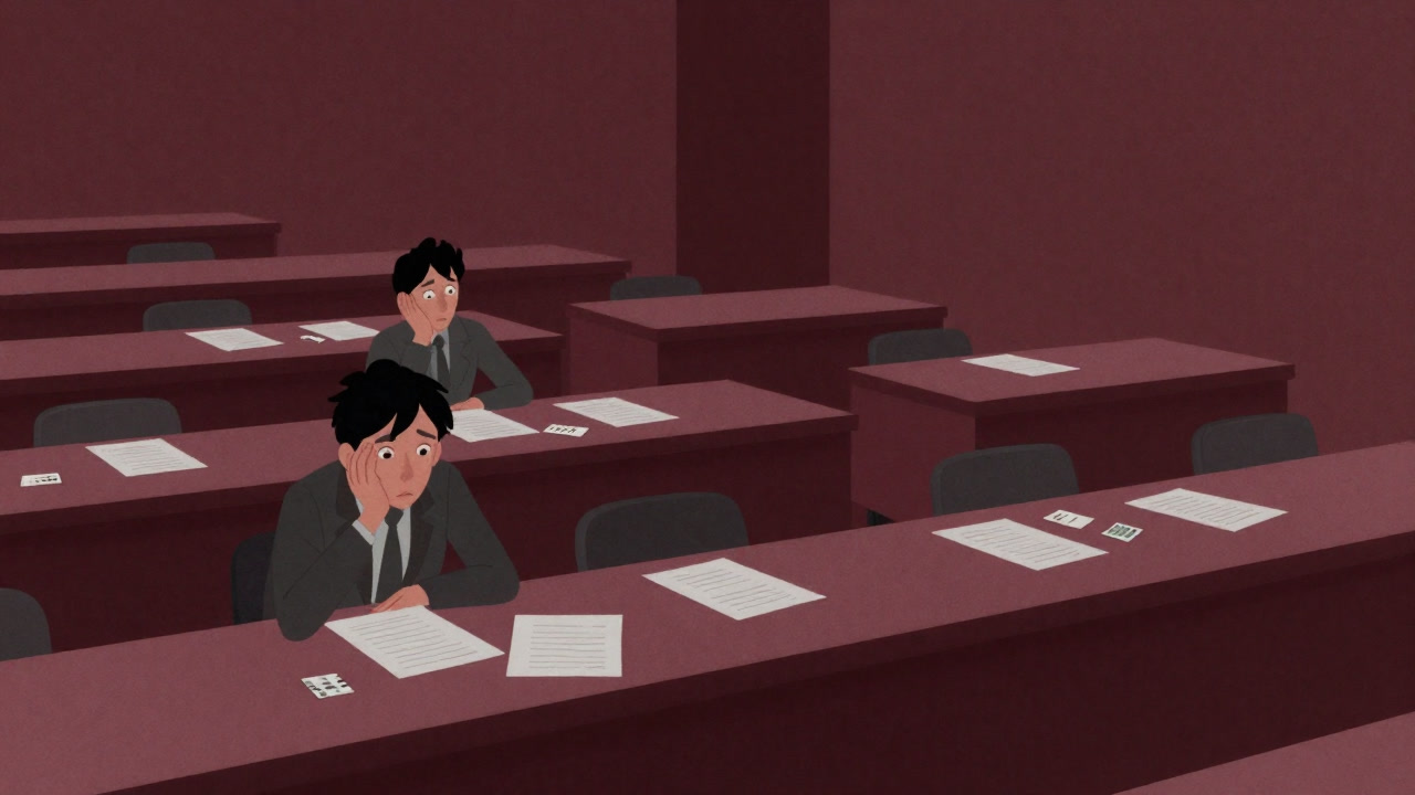 大量の名刺とワークシートに囲まれ、途方に暮れた表情の参加者が座っているセミナー会場の画像