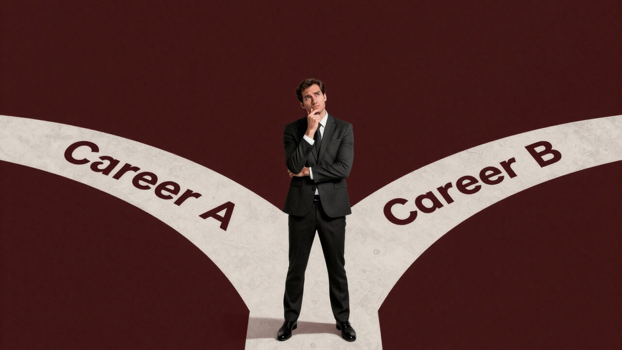 道路の分岐点で戸惑い、どちらの道を進むべきか悩むスーツ姿の人物のイラスト