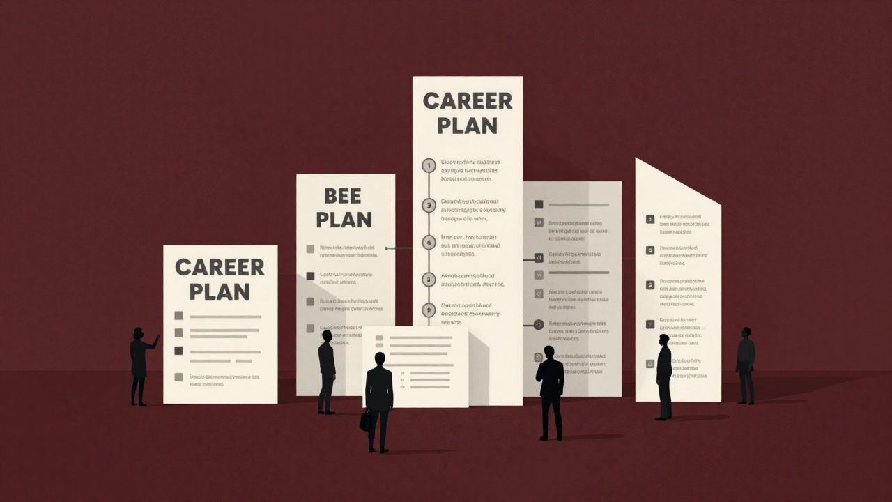 巨大なキャリアプランのグラフの前で途方に暮れる人々の影