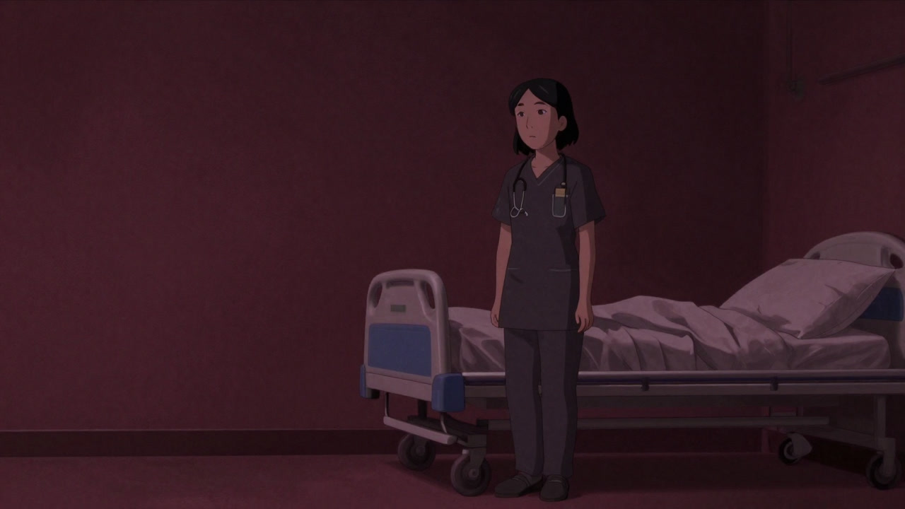 Illustration of a caregiver by a bedside looking exhausted and gazing into the distance