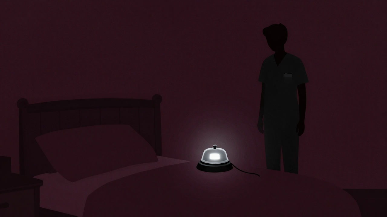 Night scene with a caregiver’s tired silhouette by the bedside call bell.