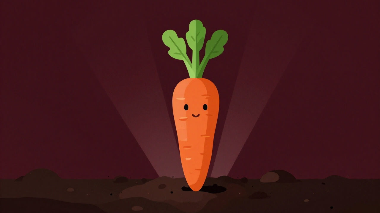 Illustration of a single brightly shining carrot confidently emerging from colorful soil
