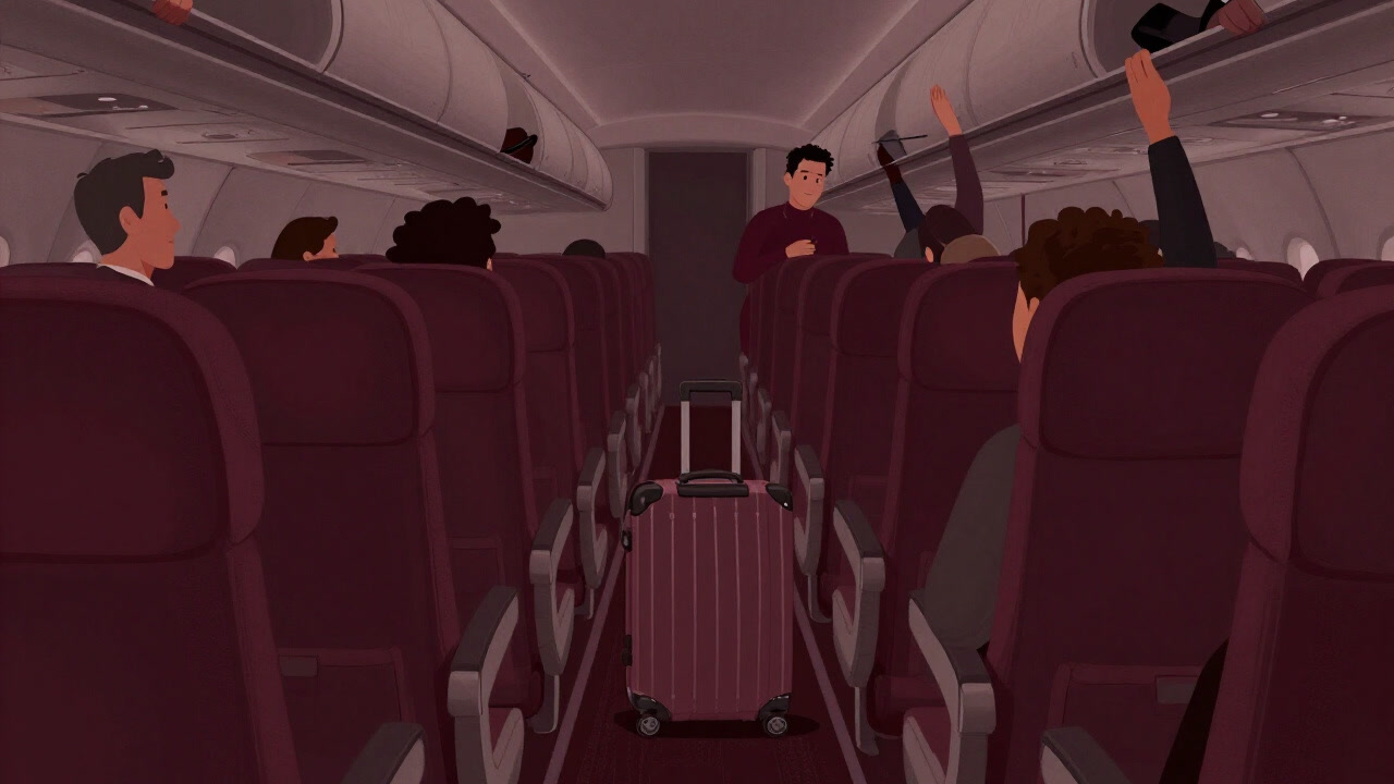 Illustration of a tiny carry-on bag hiding under a seat, glancing sideways at people fighting over overhead bins.