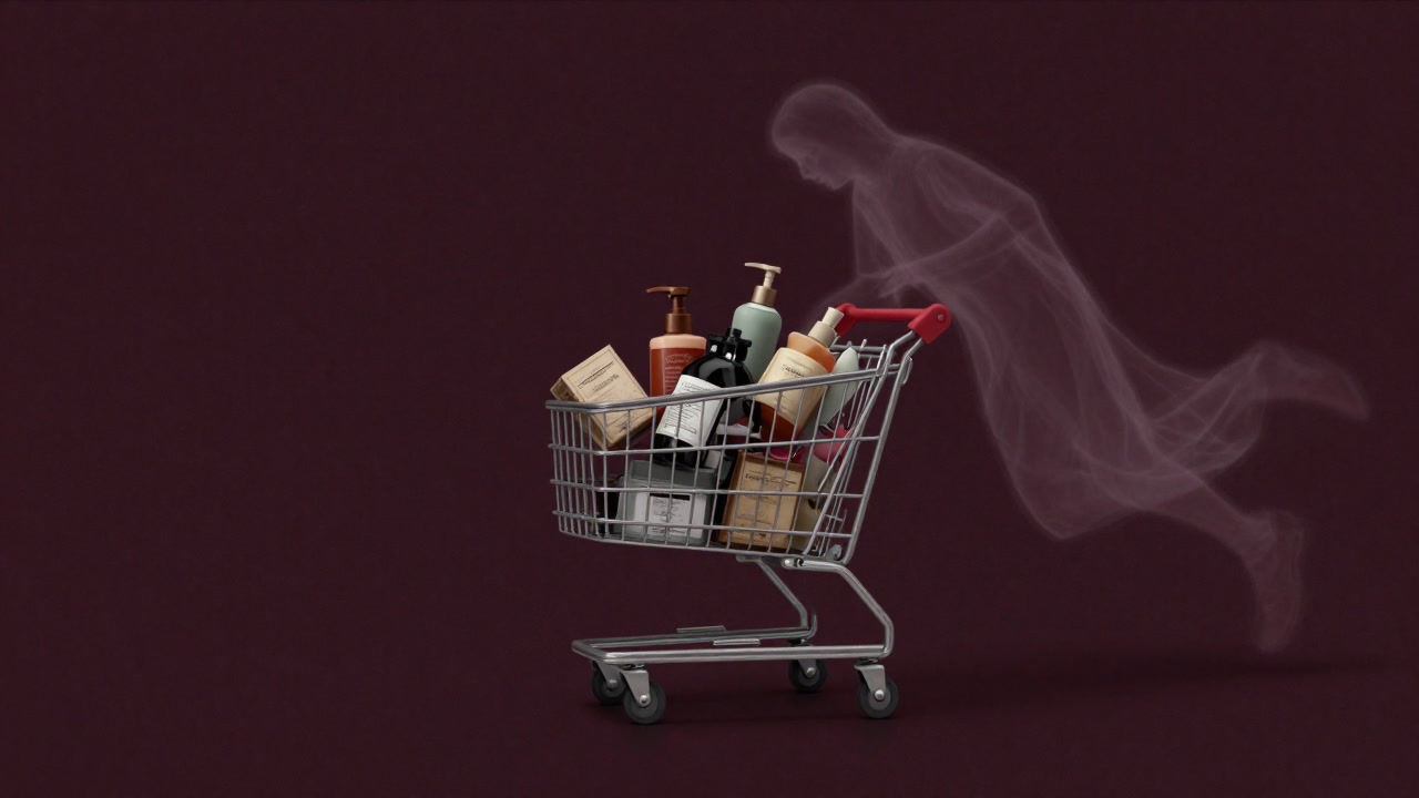 電子カートに商品が残されたまま、背景に幽霊のような人物がぼんやり映るイラスト