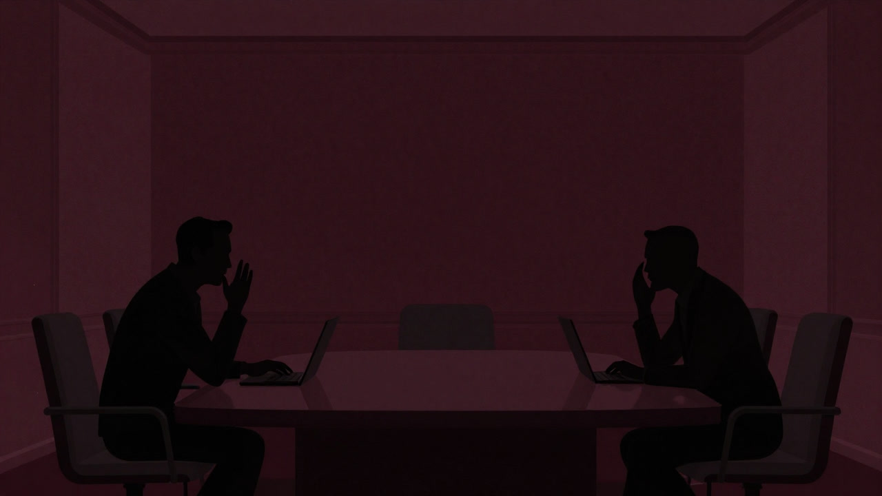 Silhouette of businessmen whispering cluster around a table deciding prices in a luxurious boardroom