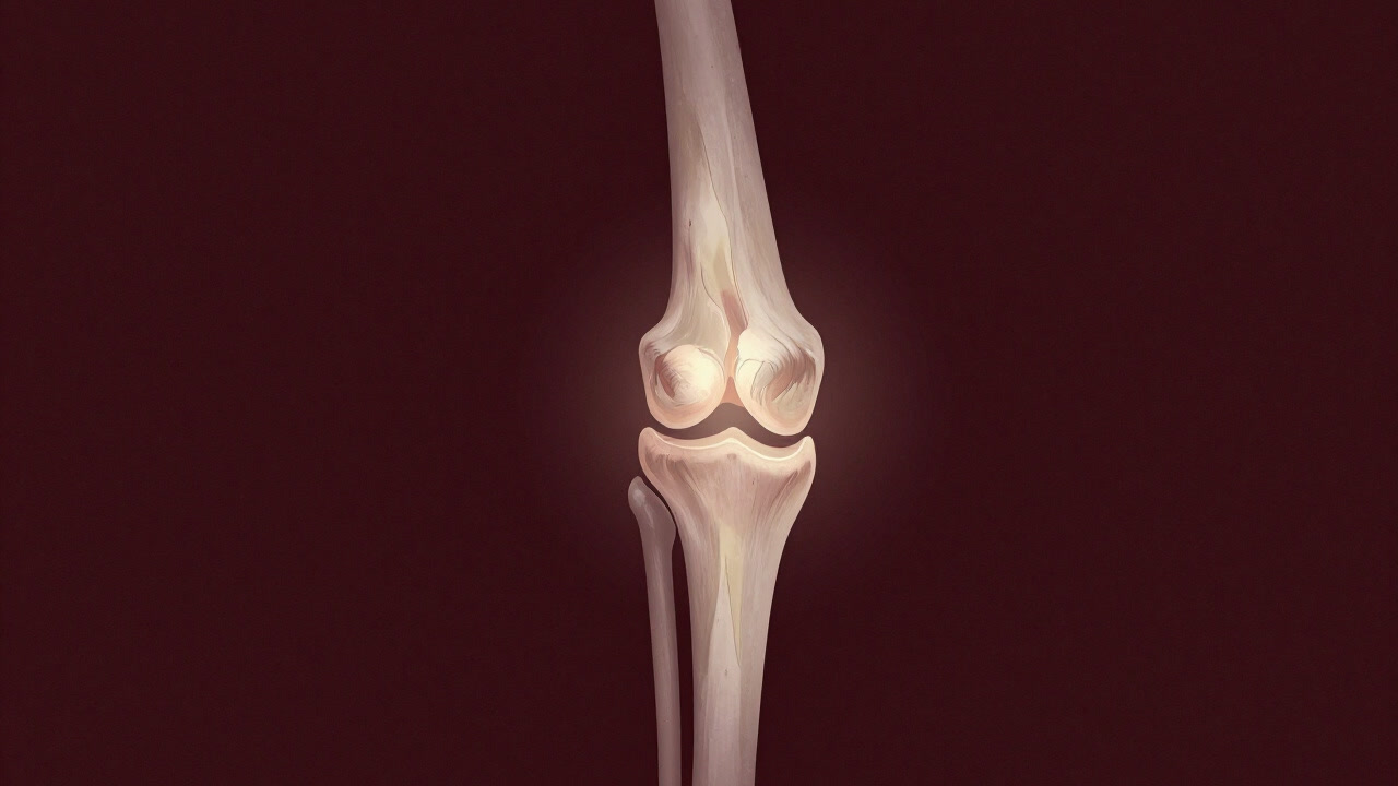 Illustration of a human knee joint model with cartilage thinning and glowing