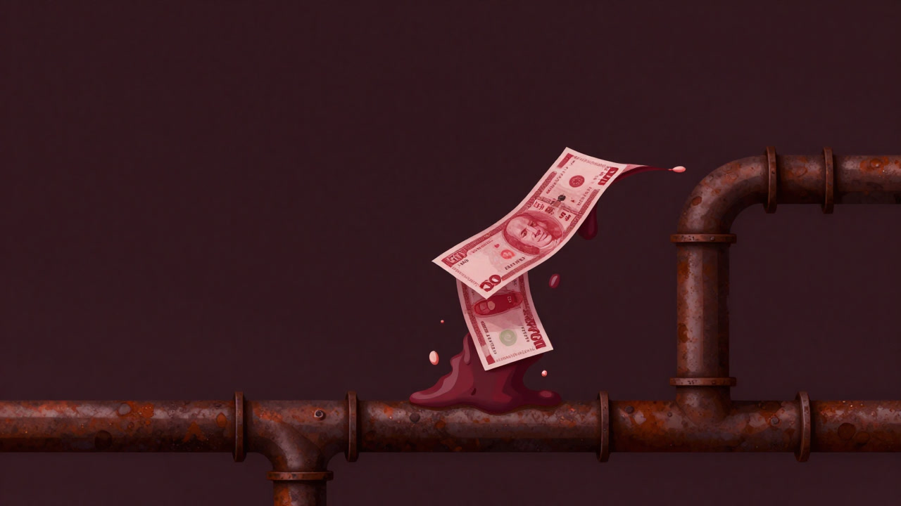 錆びついたパイプを流れる赤い液体のように描かれた現金のイラスト