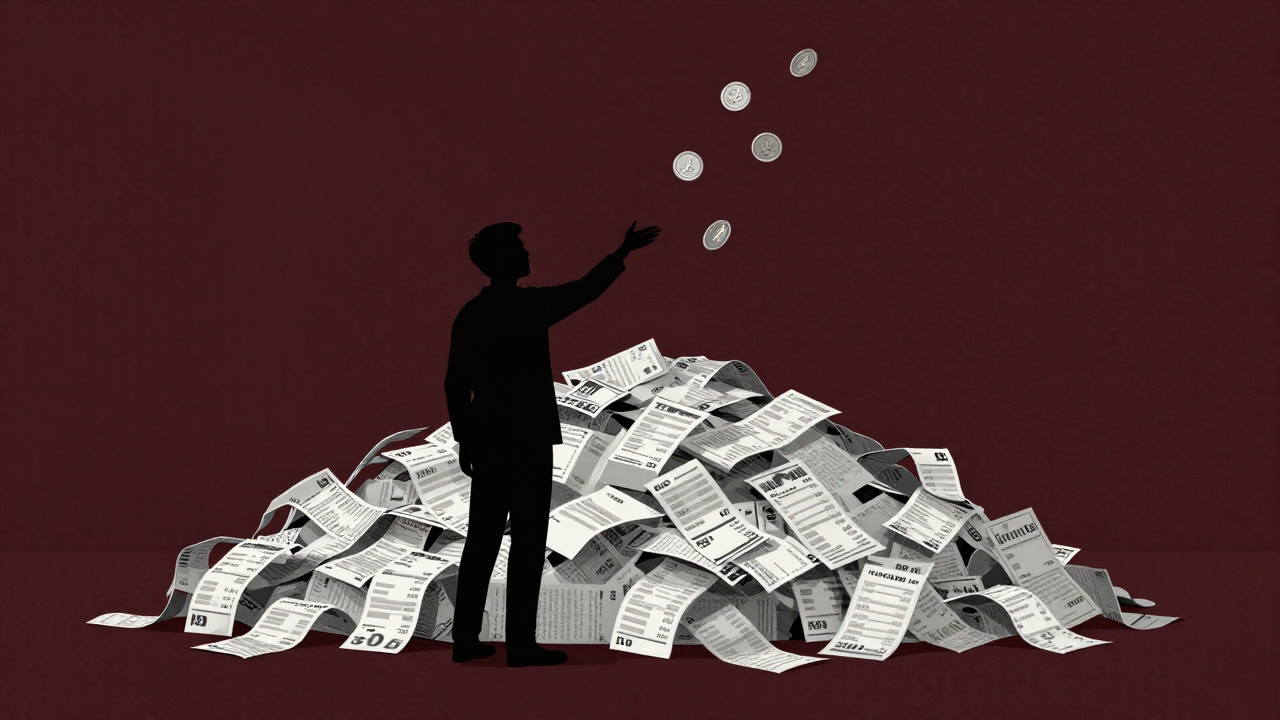 Silhouette of a person reaching for coins against a backdrop of a mountain of receipts