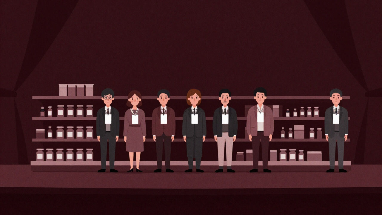 Illustration of actors lined up on a stage like products on a shelf, each tagged.