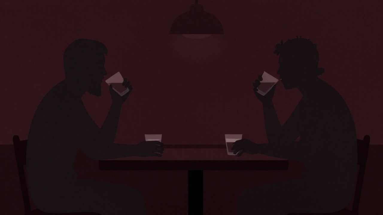 照明を落としたバーの隅で、向かい合いながらも視線を交わさずに飲み続ける二人のシルエット