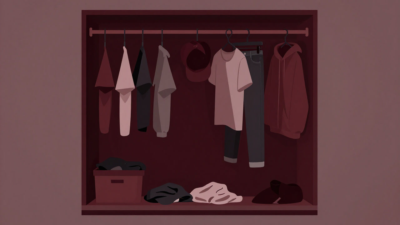 Image of a cluttered closet with various casual wear items hung haphazardly