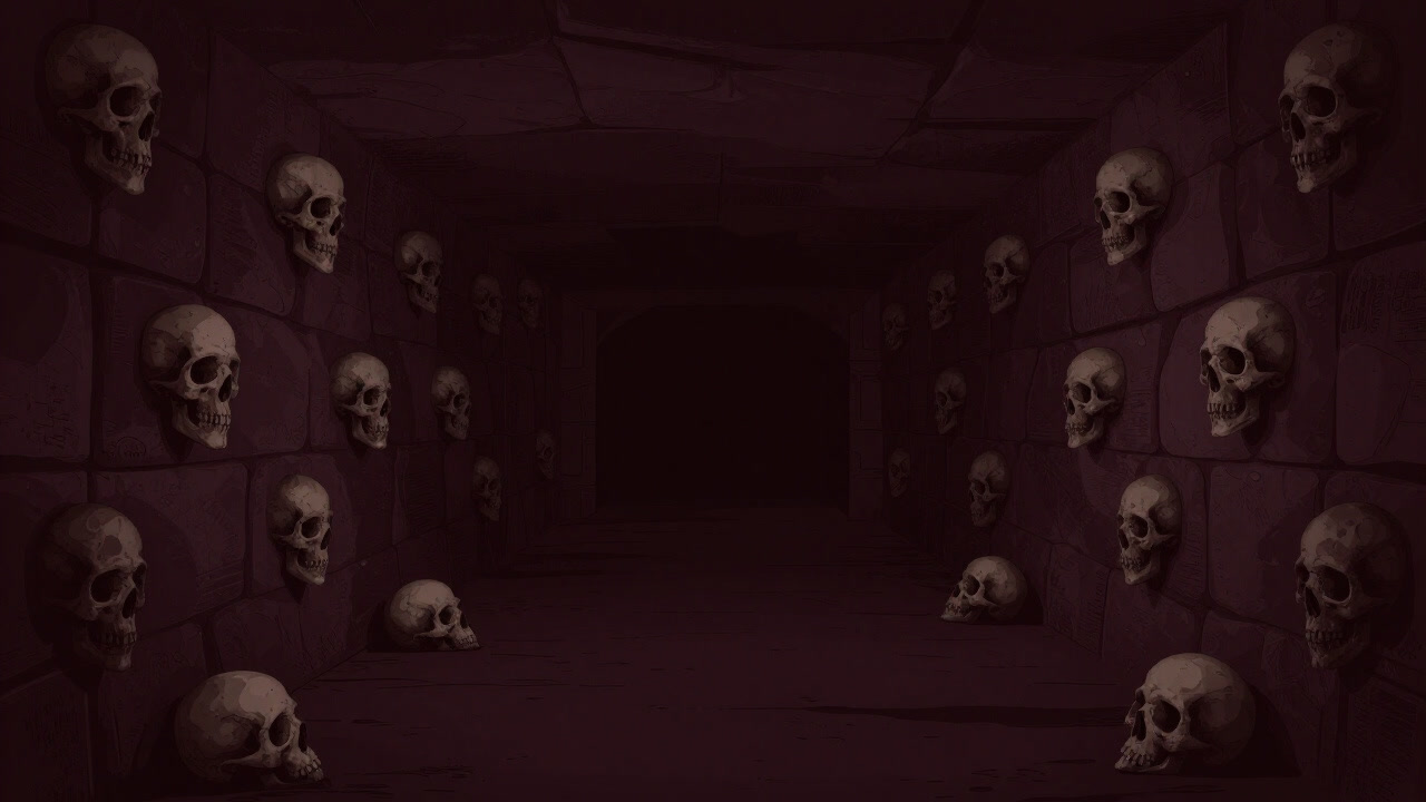 薄暗い地下墓所の石壁に無数の骸骨が並ぶ通路の画像