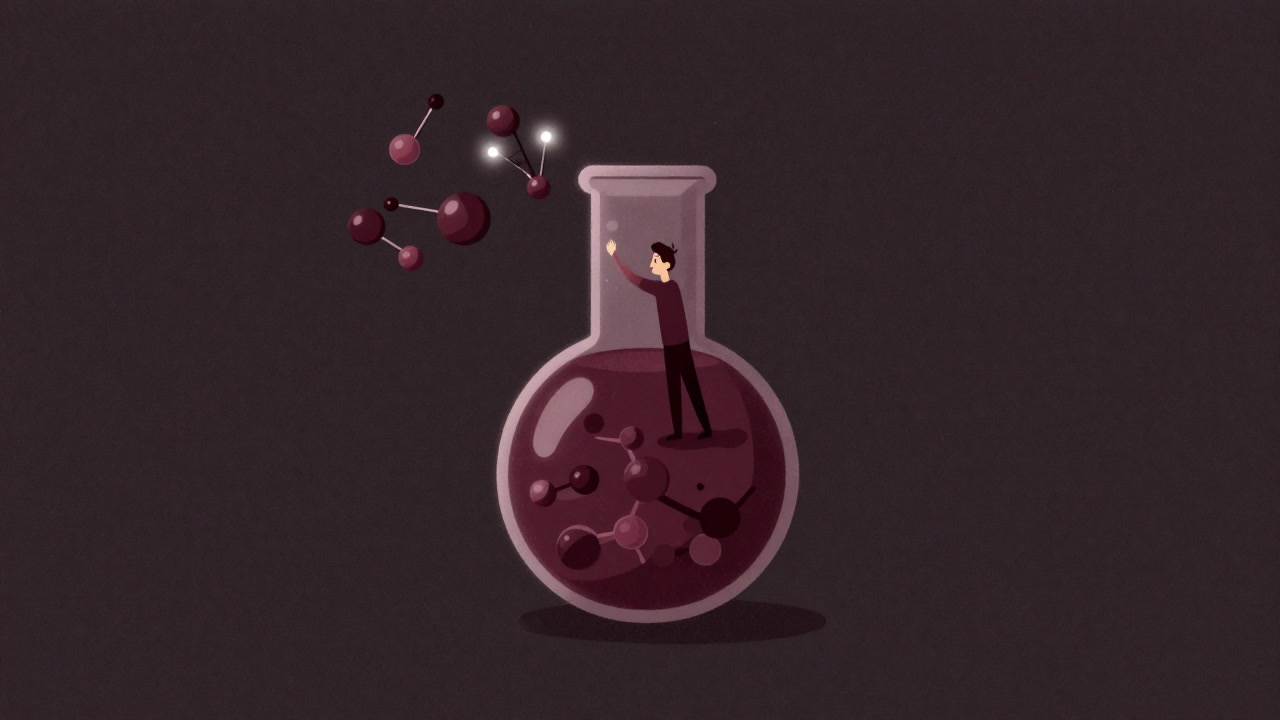 Illustration of an elegant catalyst spirit swimming in a reaction vessel, urging the chemical reactions forward.