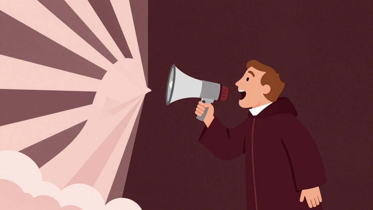 A satirical illustration of a theologian praising the divine through a megaphone toward an abstract glowing form in the clouds