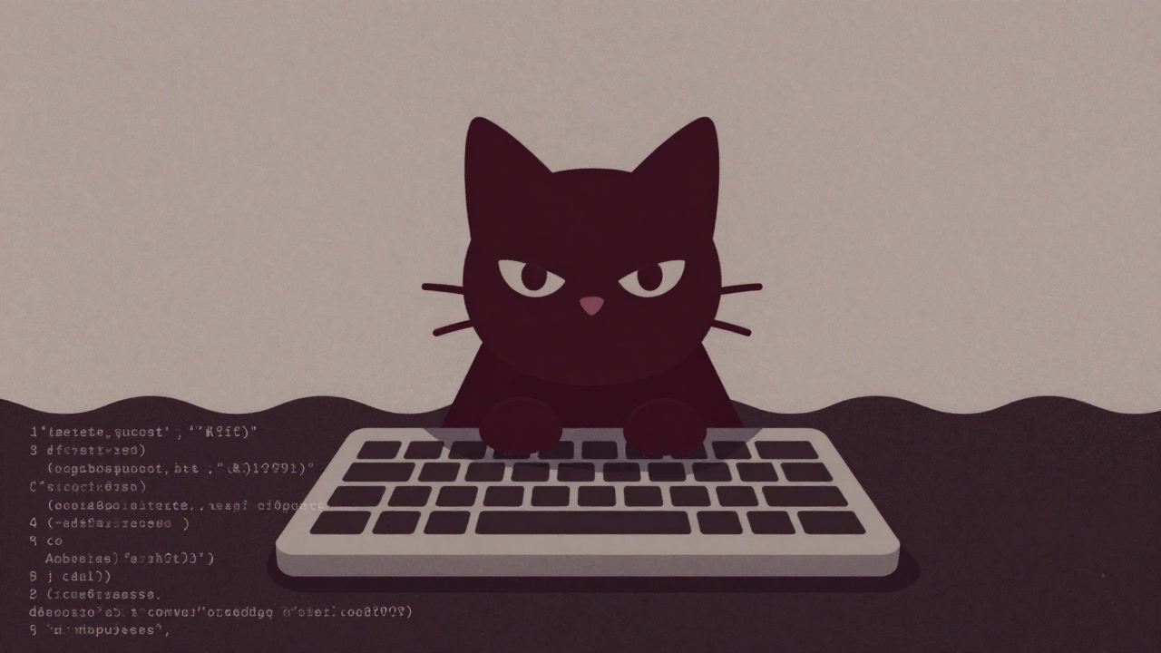 CatBoost icon sinking into a sea of code typing across a keyboard