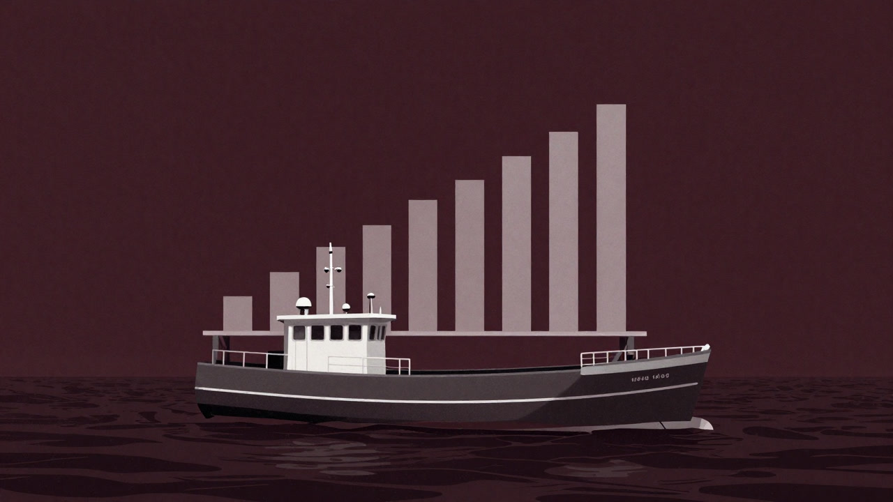 巨大なグラフを背負った漁船が海を漂うイラスト