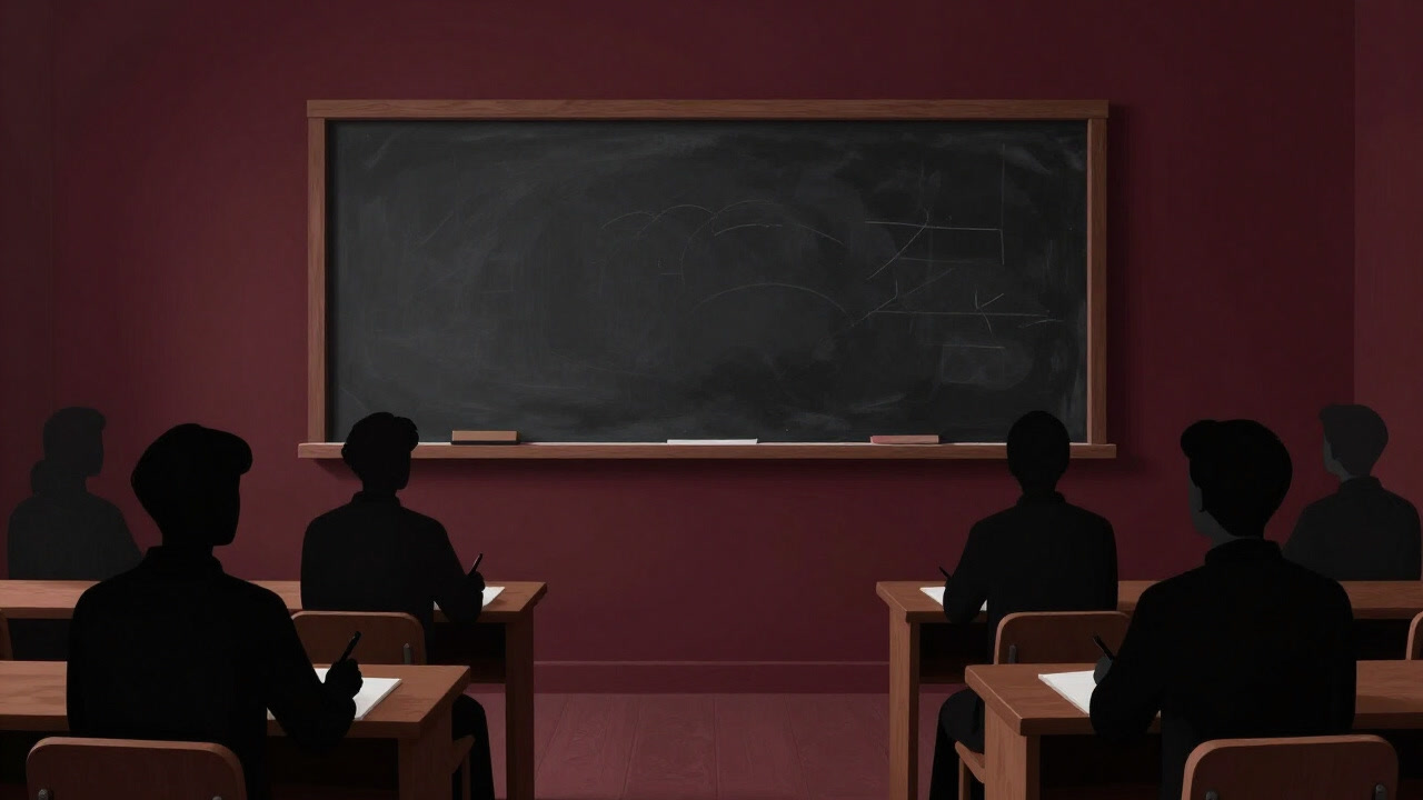 Silhouette of parishioners in a dim church corner, dutifully taking notes from a rigid doctrinal chalkboard.