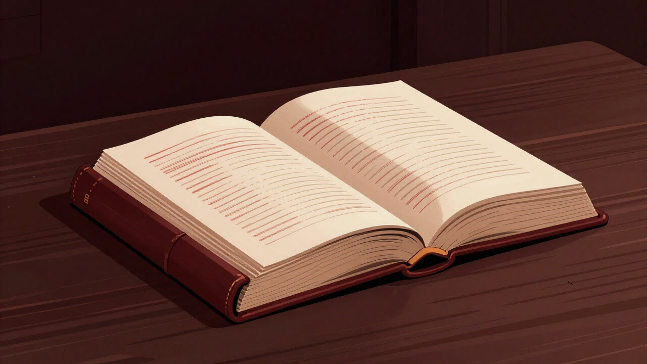 Open pages of a thick catechism book underlined in red ink