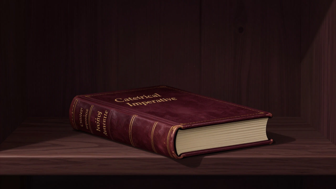 Image of an old dusty book titled 'Categorical Imperative' on a dark bookshelf.