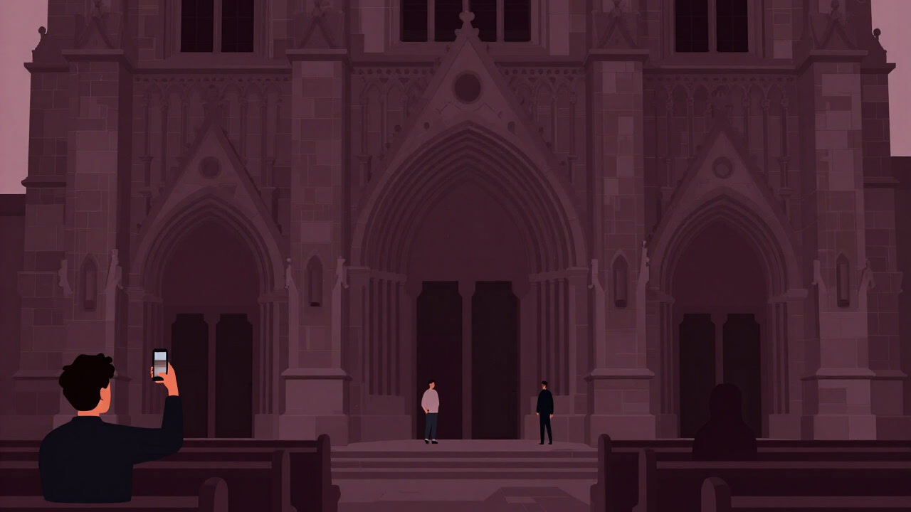 大聖堂の正面に集まる観光客と祈り手の影