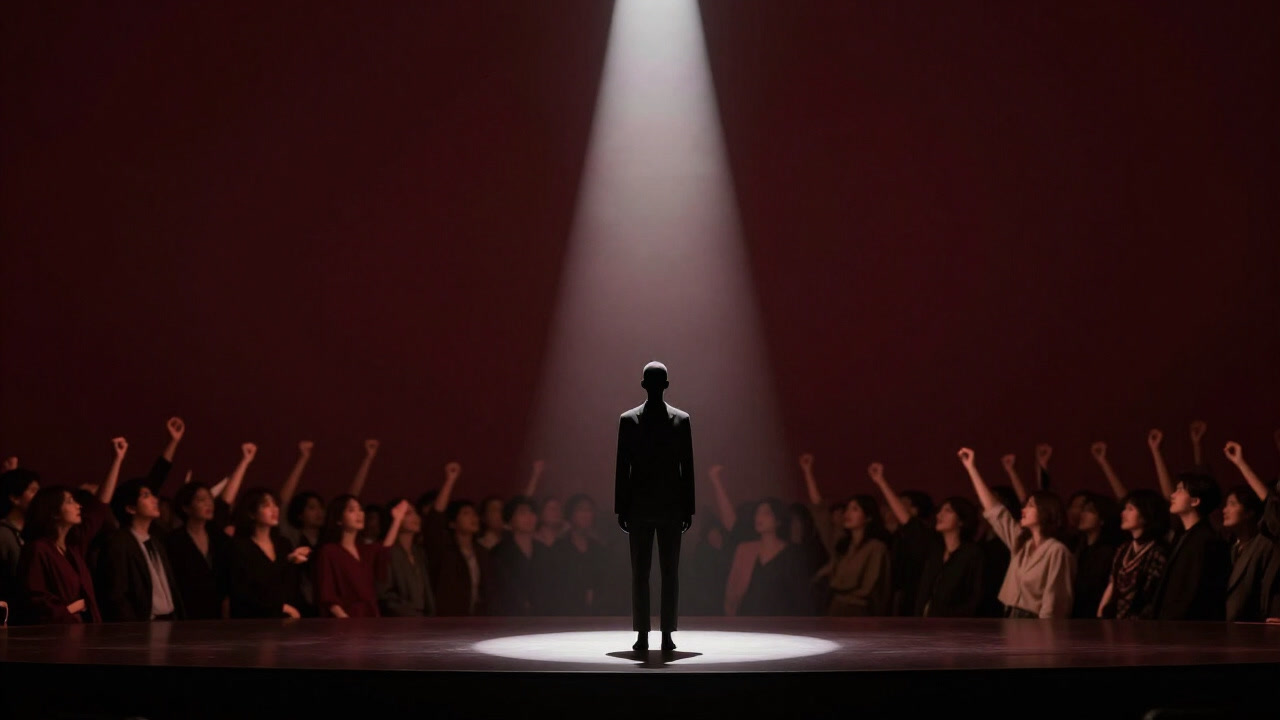 Silhouette of a model standing still on a narrow stage under bright lights, with a roaring crowd swirling behind as if yelling.