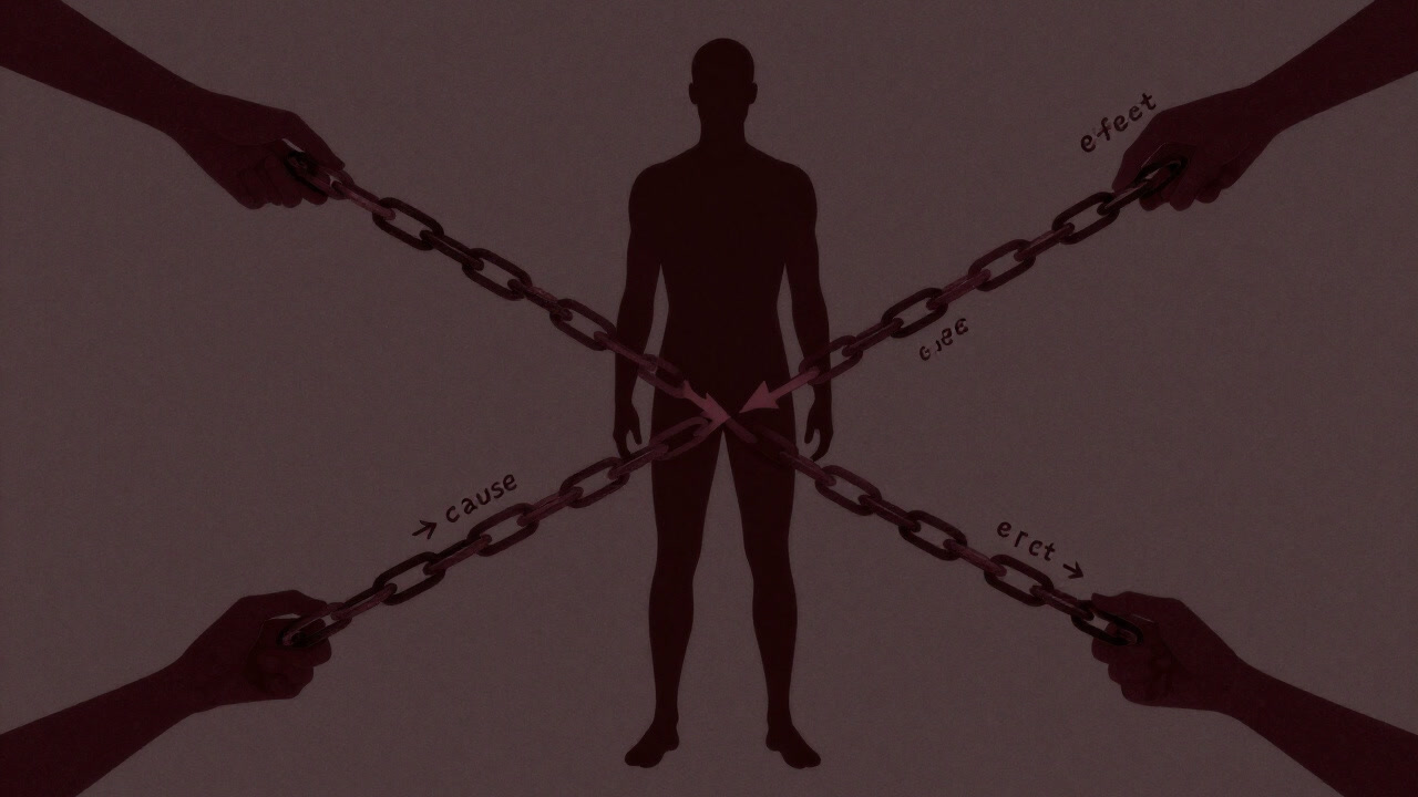 Illustration of a human silhouette entangled in chains of causality, manipulated by unseen hands.