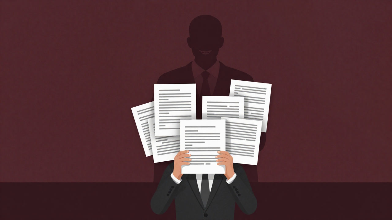 Image of a silhouette of a consumer dazed in front of a long policy and the smirking shadow of a corporation behind