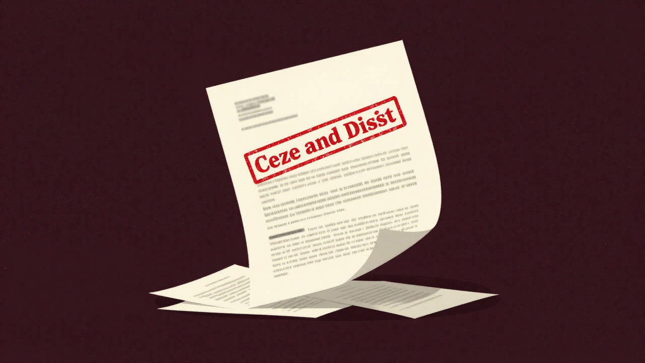 Scene of a large red 'Cease and Desist' paper popping out from a stack of documents