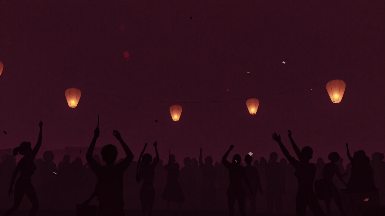 A nighttime scene of a celebration ritual with people reveling under confetti and lanterns
