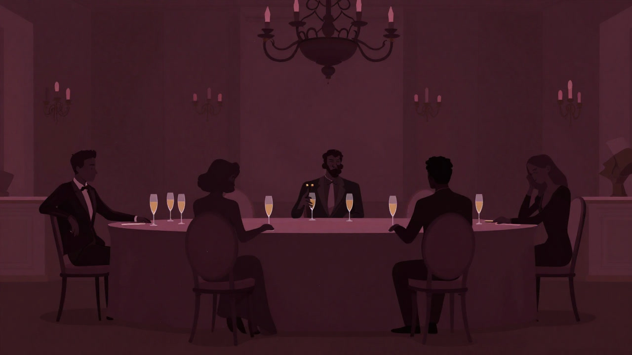 華やかな装飾の下で疲れた表情の参加者たちが乾杯する様子を俯瞰で捉えた画像