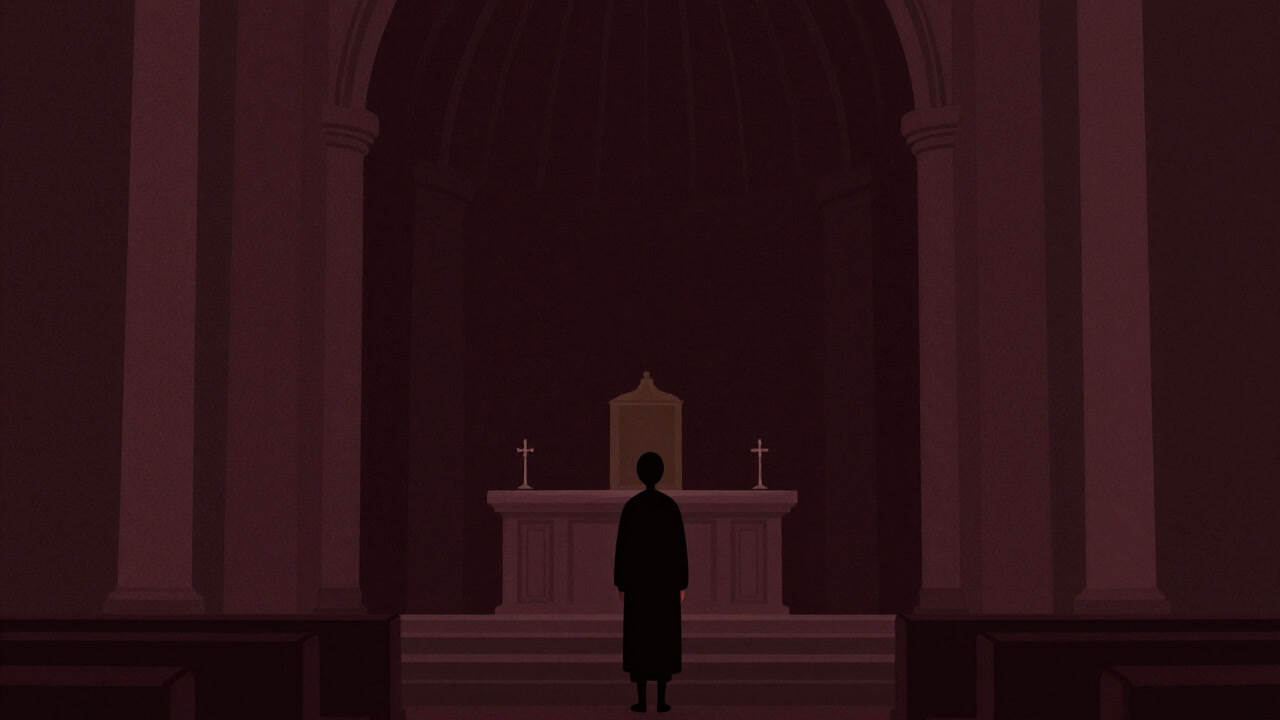 Rear view of a solitary figure gazing into empty space inside a high-ceilinged chapel