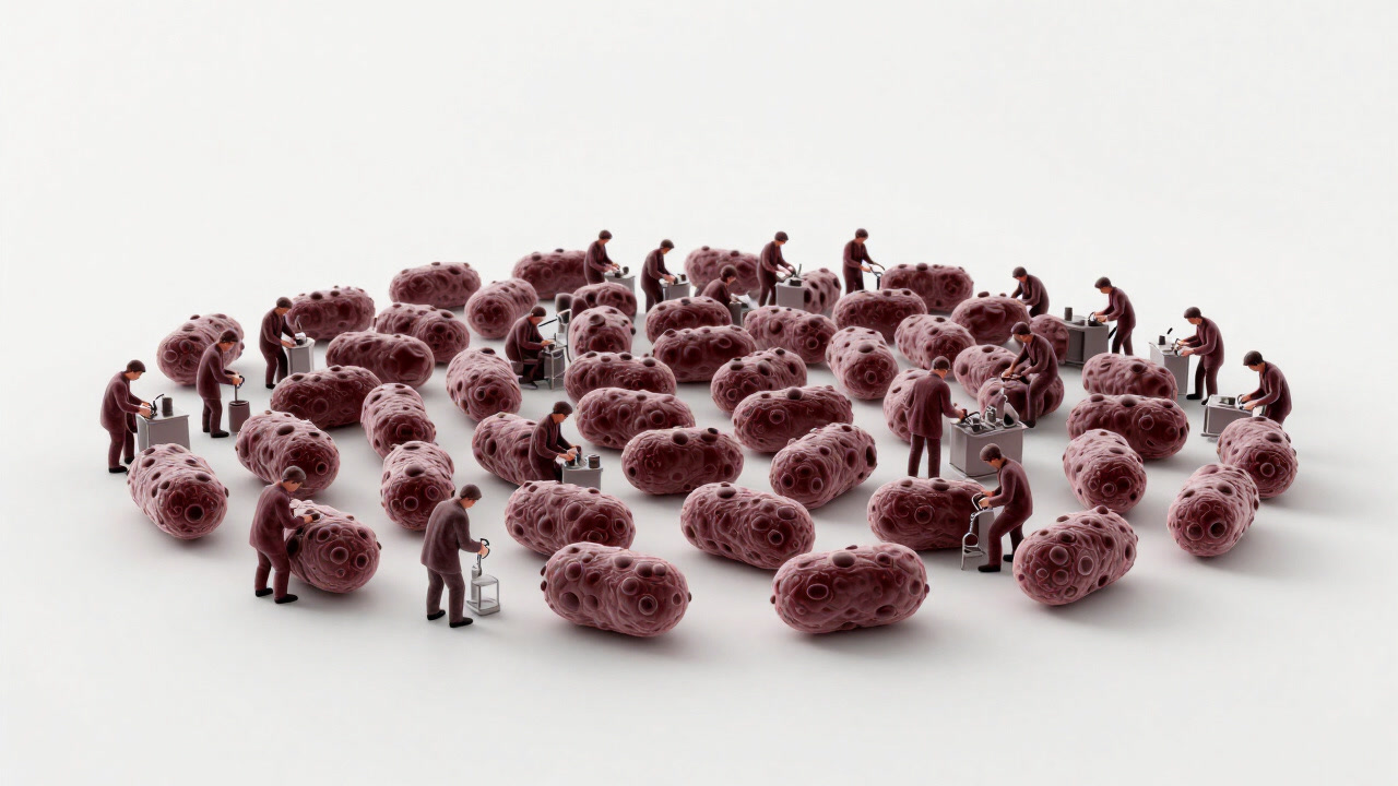 顕微鏡の視野に広がる無数の細胞がまるで労働者の群れのように見える画像