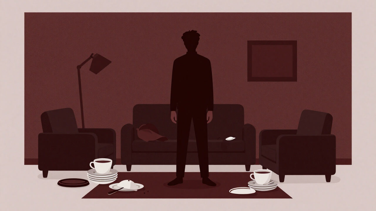 リビングで皿の山に囲まれたまま気まずそうに佇む住人のイラスト