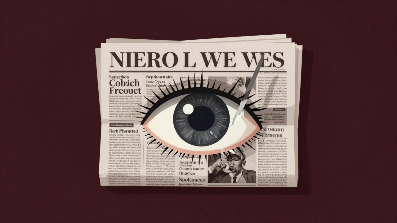 巨大な目玉が新聞紙を切り裂くように覆い隠すイメージ